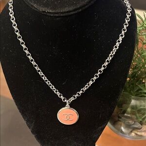 Designer Inspired Silver Chain Necklace with Pink Enamel Double-C Pendant